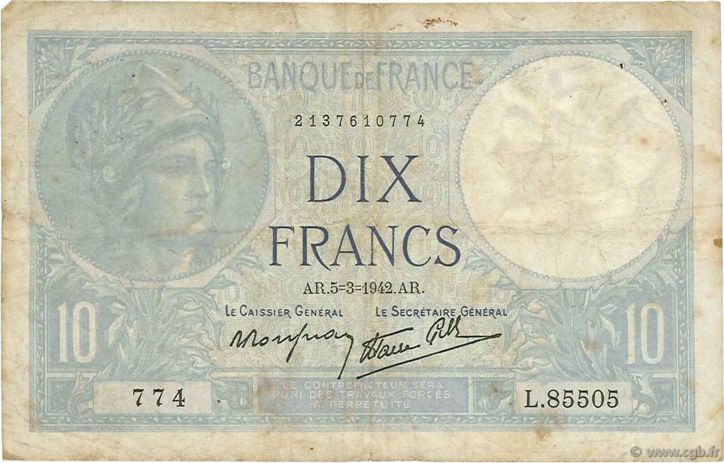 10 Francs MINERVE modifié FRANCE  1942 F.07.31 TB