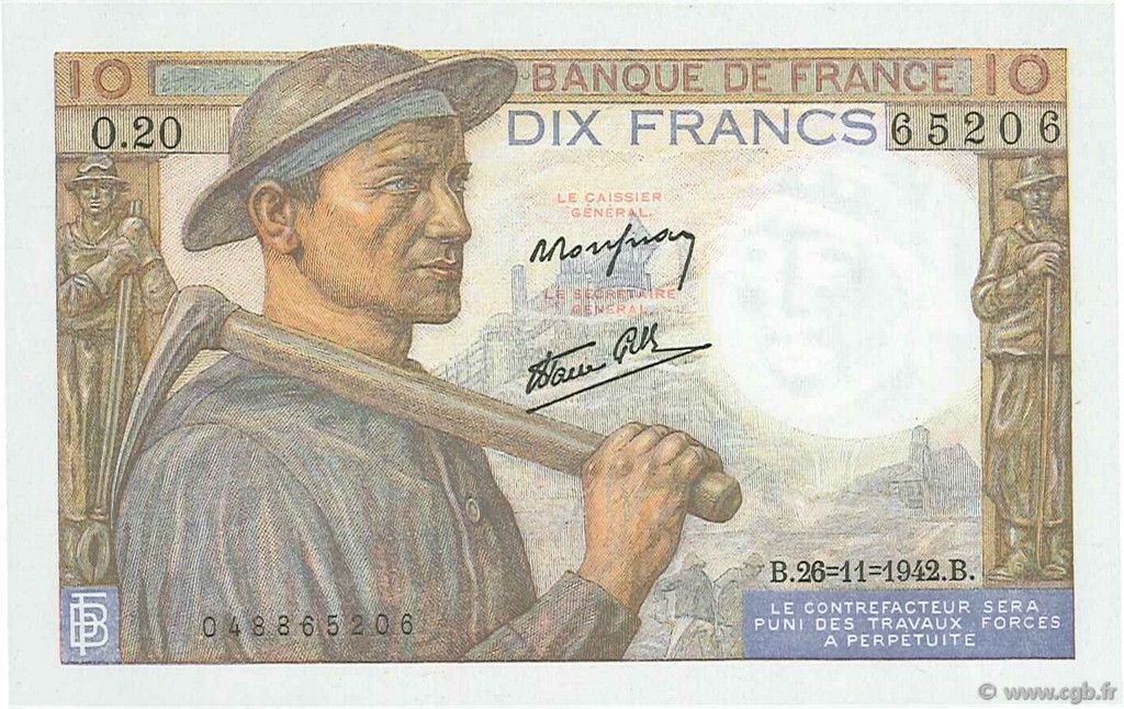 10 Francs MINEUR FRANCE  1942 F.08.06 UNC