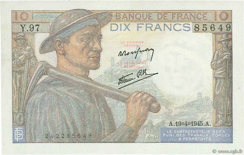 10 Francs MINEUR FRANCE  1945 F.08.13 XF+