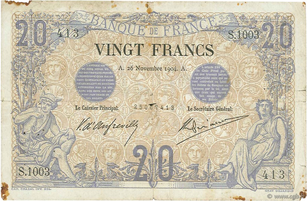 20 Francs NOIR FRANCIA  1904 F.09.03 RC+