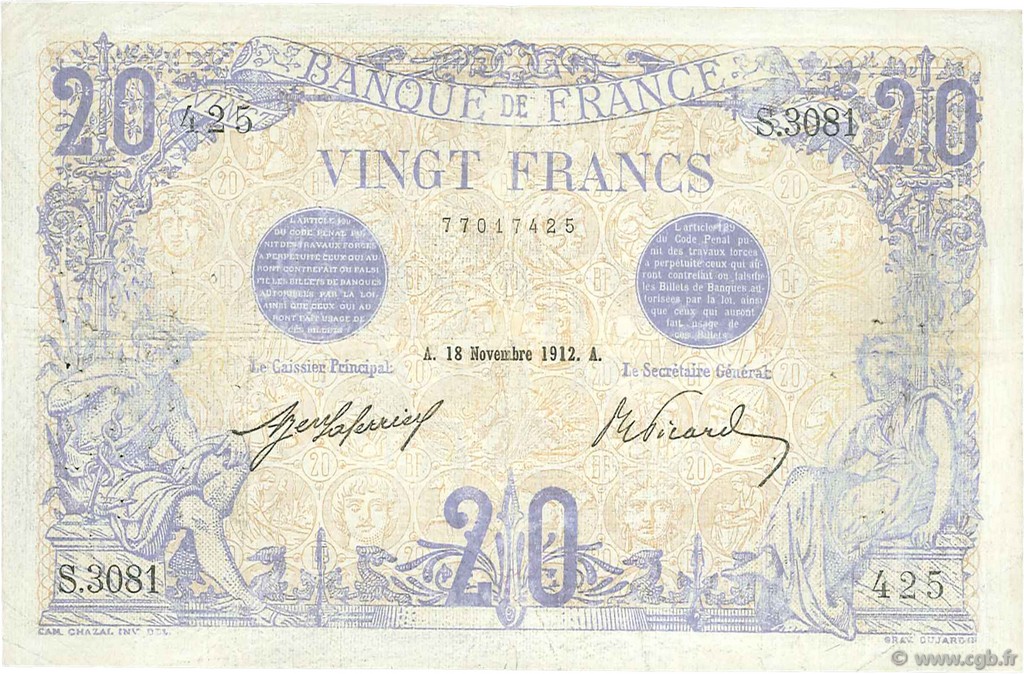 20 Francs BLEU FRANCE  1912 F.10.02 TB+