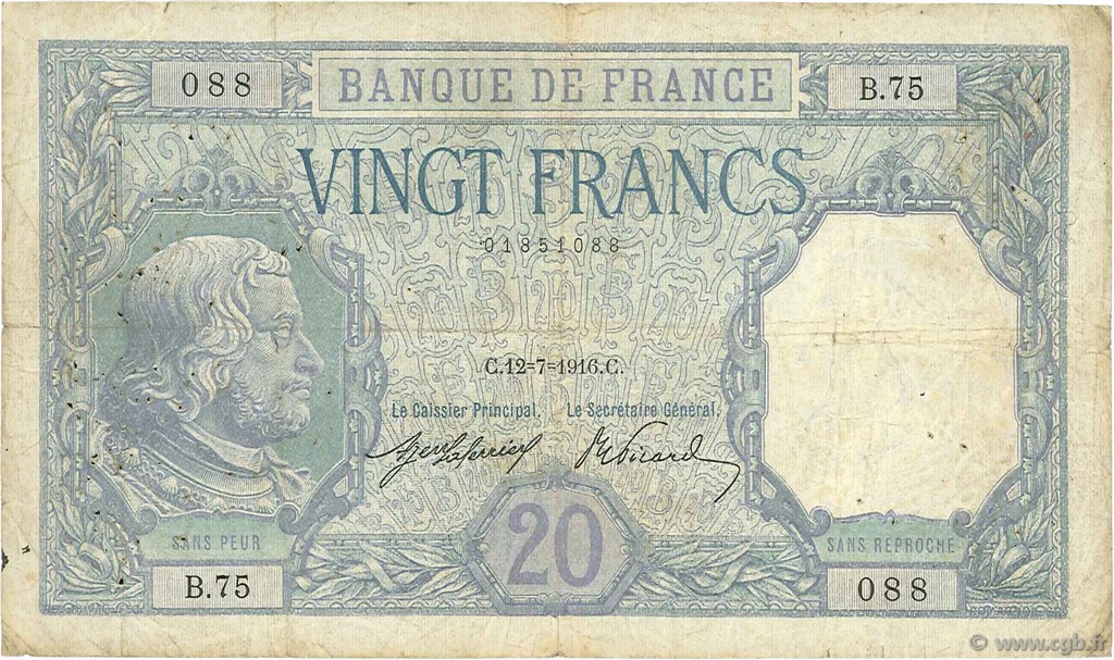 20 Francs BAYARD FRANCE  1916 F.11.01 VG