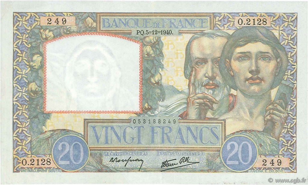 20 Francs TRAVAIL ET SCIENCE FRANCE  1940 F.12.10 XF