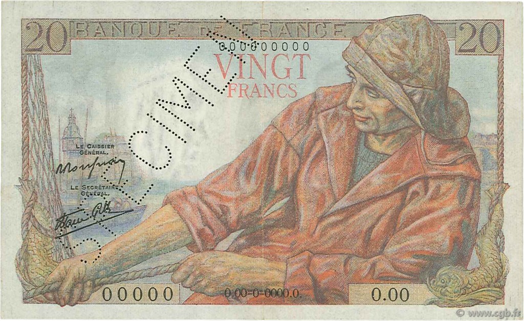 20 Francs PÊCHEUR FRANCIA  1942 F.13.01Sp MBC a EBC
