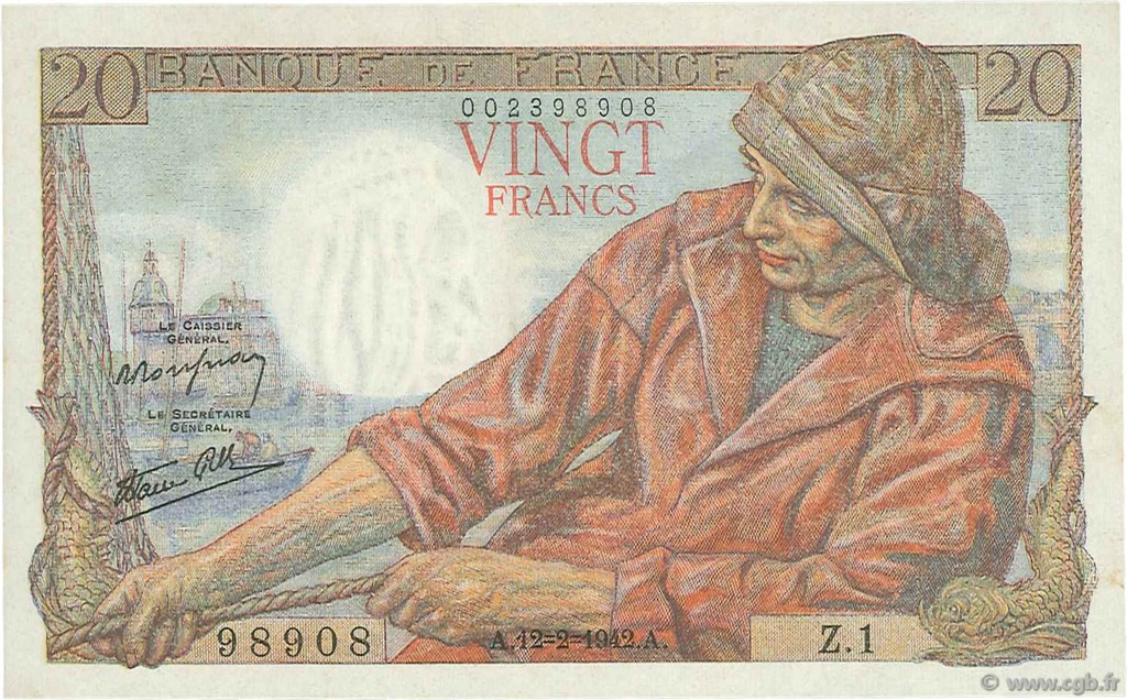 20 Francs PÊCHEUR FRANCIA  1942 F.13.01 q.AU