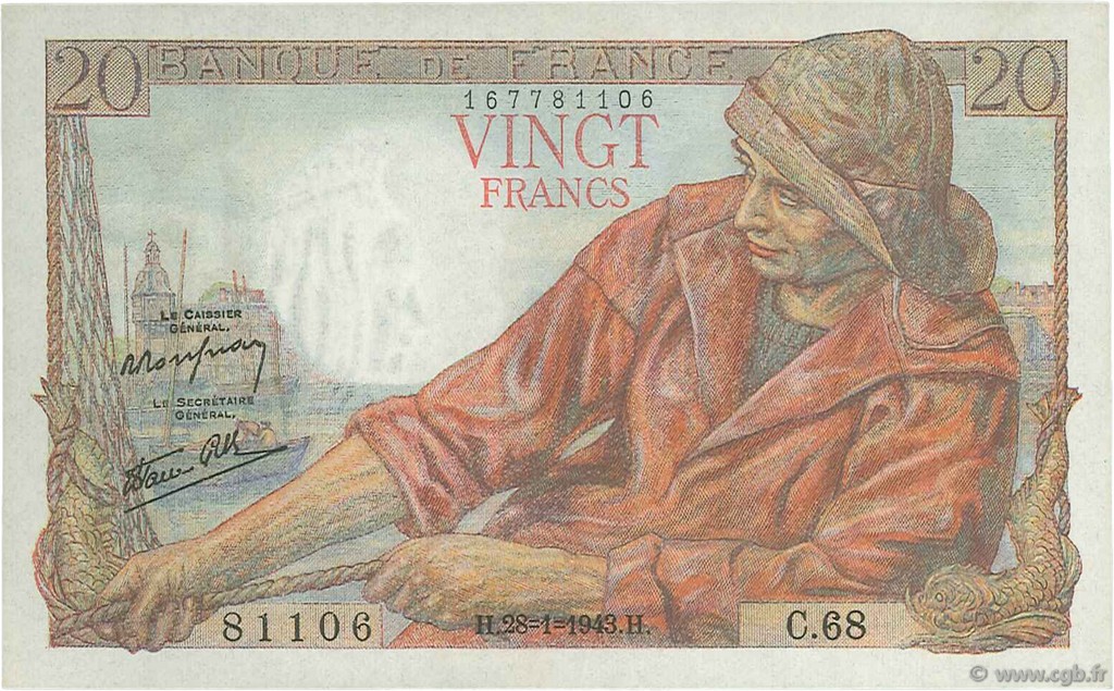 20 Francs PÊCHEUR FRANCE  1943 F.13.05 AU+