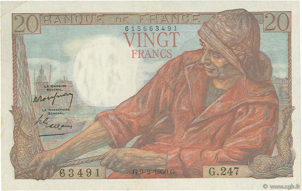 20 Francs PÊCHEUR FRANCE  1950 F.13.17a AU+