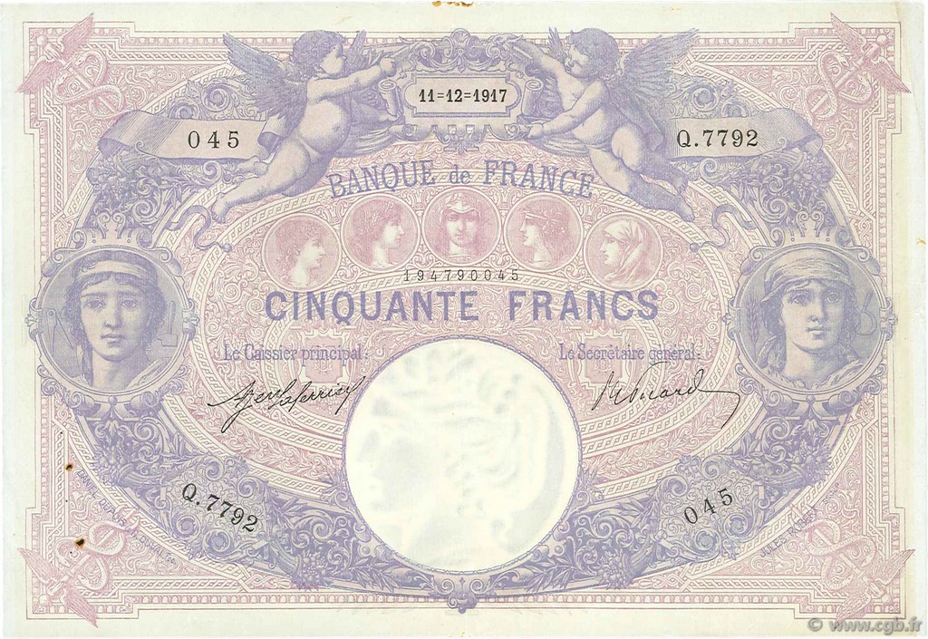 50 Francs BLEU ET ROSE FRANCIA  1917 F.14.30 q.SPL