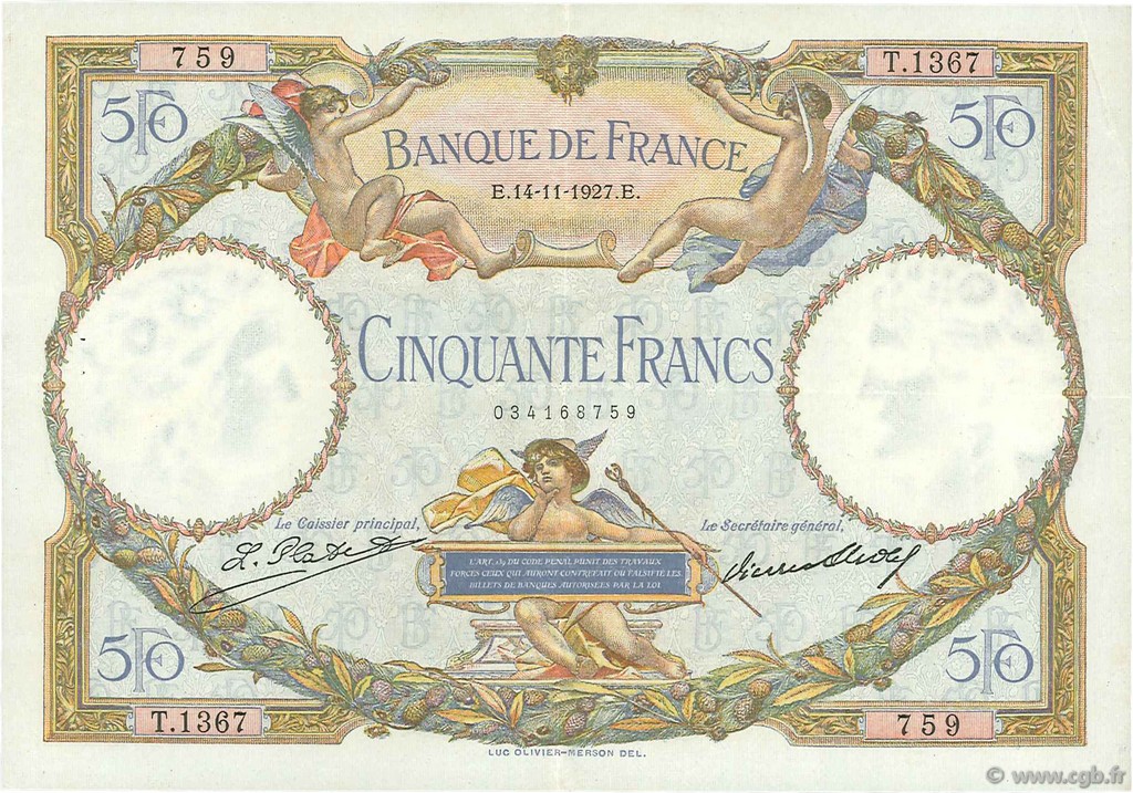 50 Francs LUC OLIVIER MERSON FRANCIA  1927 F.15.01 BB to SPL