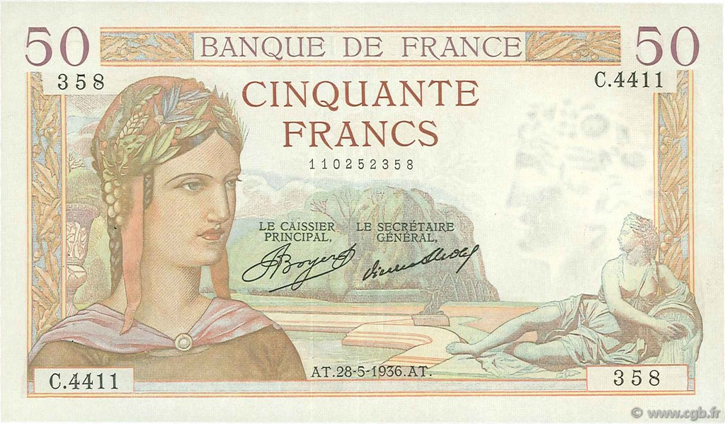 50 Francs CÉRÈS FRANCIA  1936 F.17.26 BB