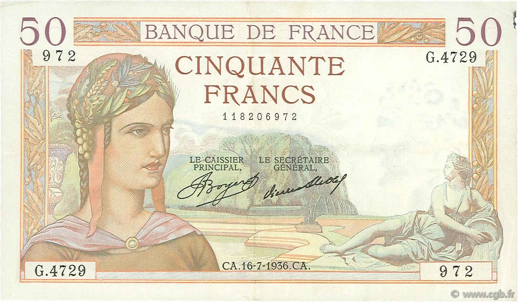 50 Francs CÉRÈS FRANCIA  1936 F.17.28 SPL
