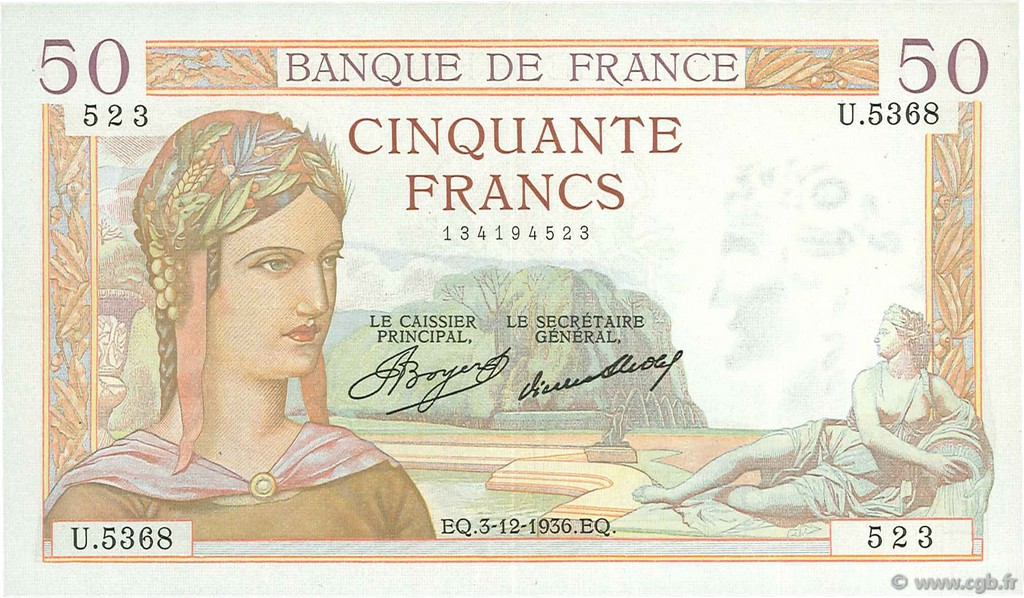 50 Francs CÉRÈS FRANKREICH  1936 F.17.32 VZ