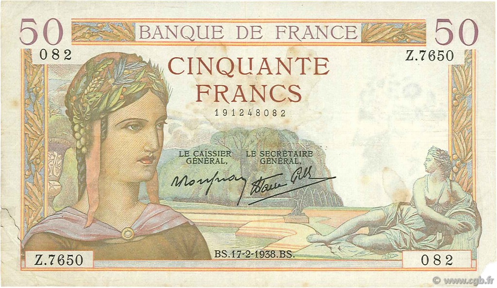 50 Francs CÉRÈS modifié FRANCE  1938 F.18.09 F+