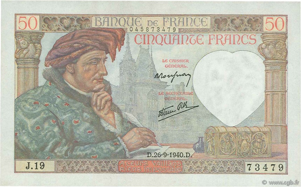 50 Francs JACQUES CŒUR FRANCIA  1940 F.19.03 SC+