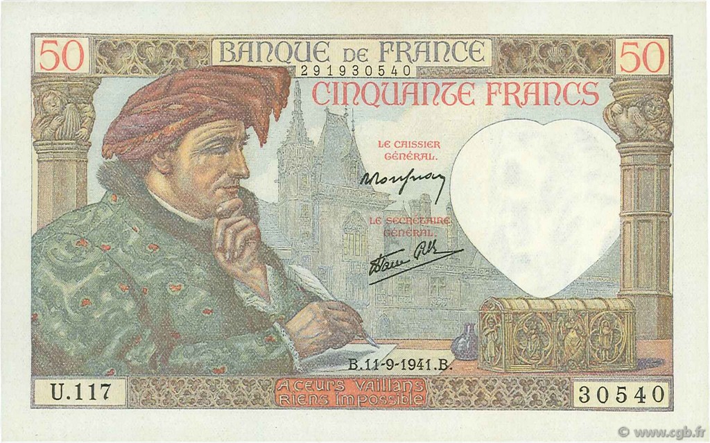 50 Francs JACQUES CŒUR FRANCIA  1941 F.19.14 SC+