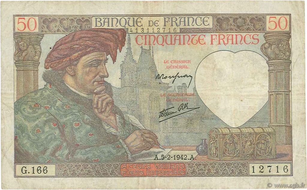 50 Francs JACQUES CŒUR FRANKREICH  1942 F.19.19 S