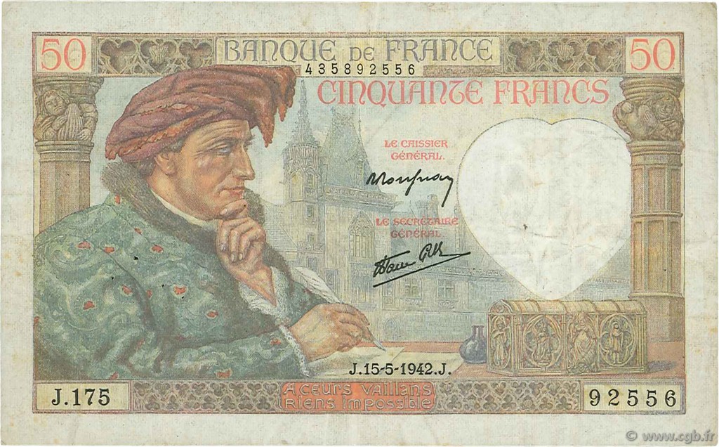50 Francs JACQUES CŒUR Grand numéro FRANCIA  1942 F.19.20 BB