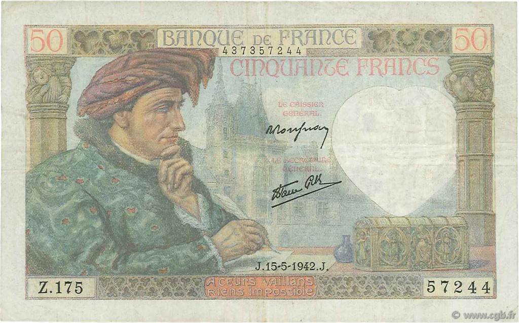 50 Francs JACQUES CŒUR FRANCE  1942 F.19.20 VF