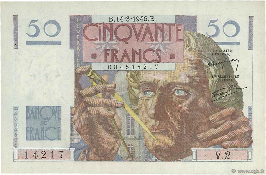 50 Francs LE VERRIER FRANCIA  1946 F.20.01 q.AU