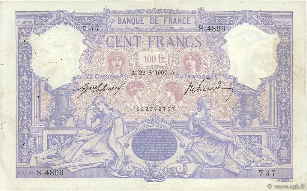 100 Francs BLEU ET ROSE FRANCE  1907 F.21.22 F+