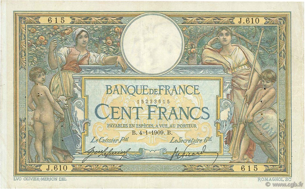 100 Francs LUC OLIVIER MERSON avec LOM FRANCE  1909 F.22.02 VF-