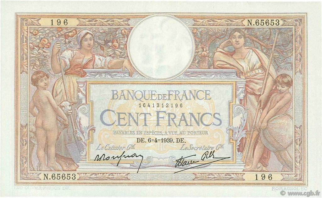 100 Francs LUC OLIVIER MERSON type modifié FRANKREICH  1939 F.25.45 VZ to fST
