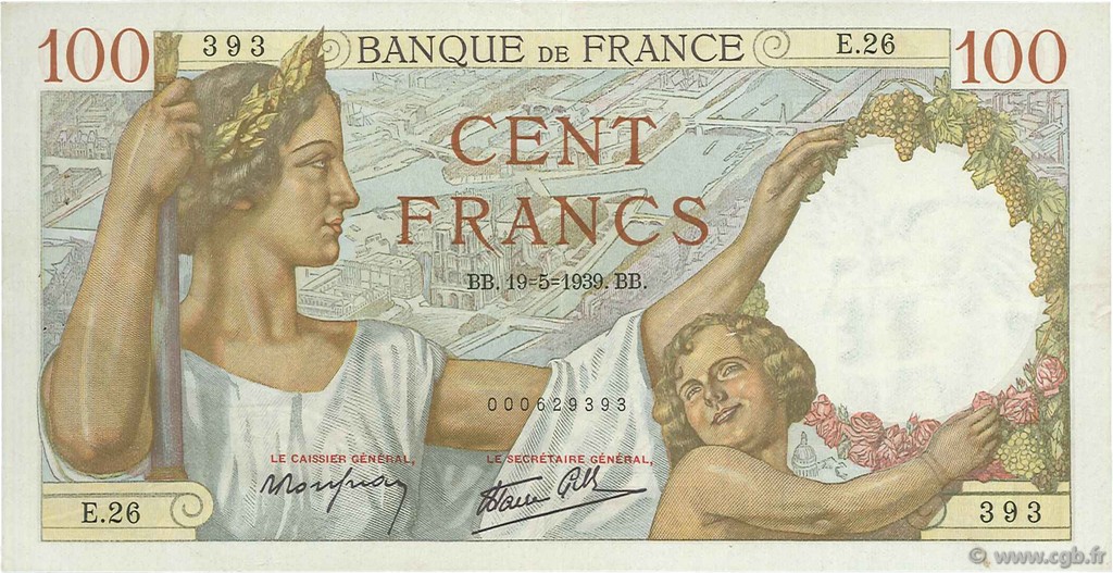 100 Francs SULLY FRANKREICH  1939 F.26.01 fVZ