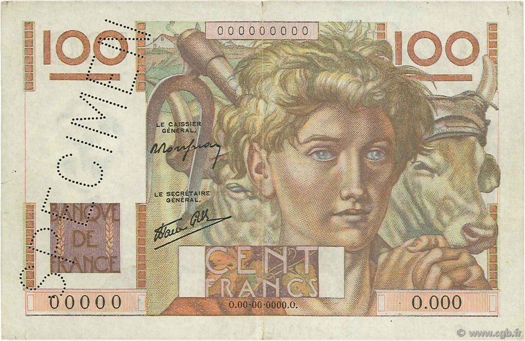 100 Francs JEUNE PAYSAN FRANCIA  1945 F.28.01Sp MBC