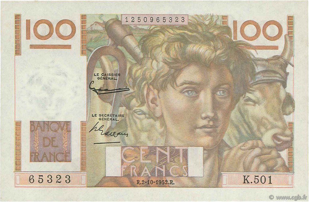 100 Francs JEUNE PAYSAN filigrane inversé FRANCIA  1952 F.28bis.01 q.AU