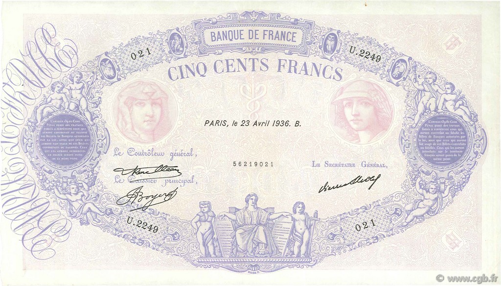 500 Francs BLEU ET ROSE FRANKREICH  1936 F.30.37 fVZ