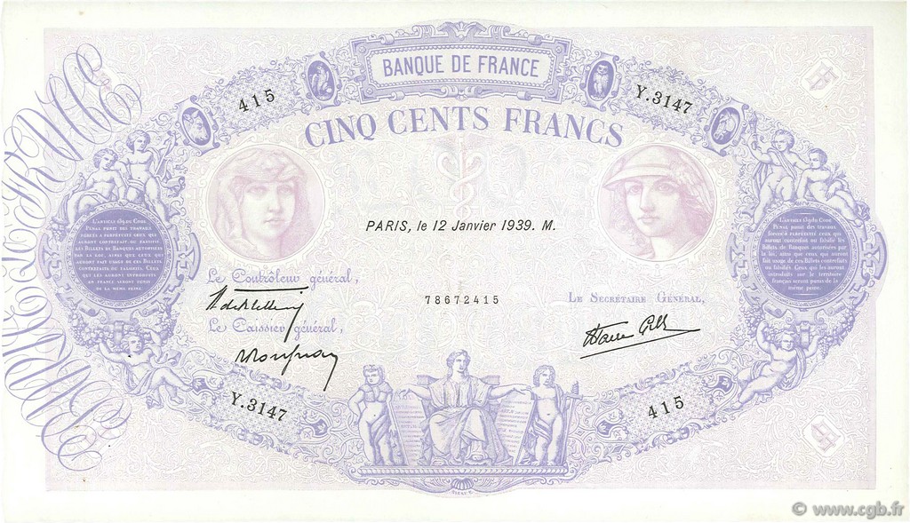 500 Francs BLEU ET ROSE modifié FRANCE  1939 F.31.22 VF+