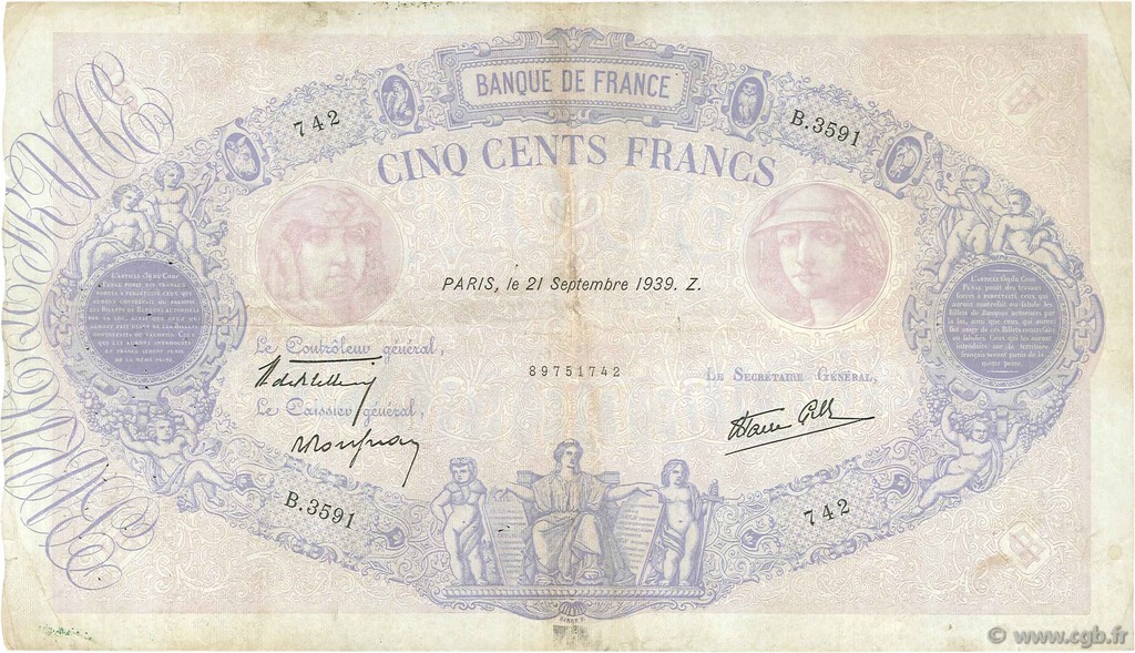 500 Francs BLEU ET ROSE modifié FRANKREICH  1939 F.31.40 fSS