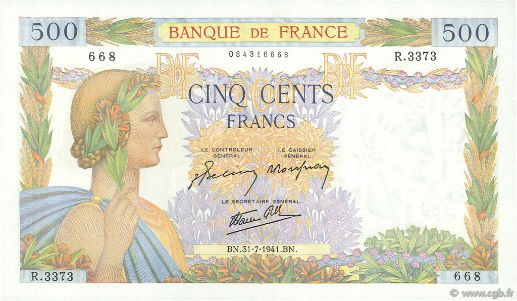 500 Francs LA PAIX FRANCIA  1941 F.32.20 AU