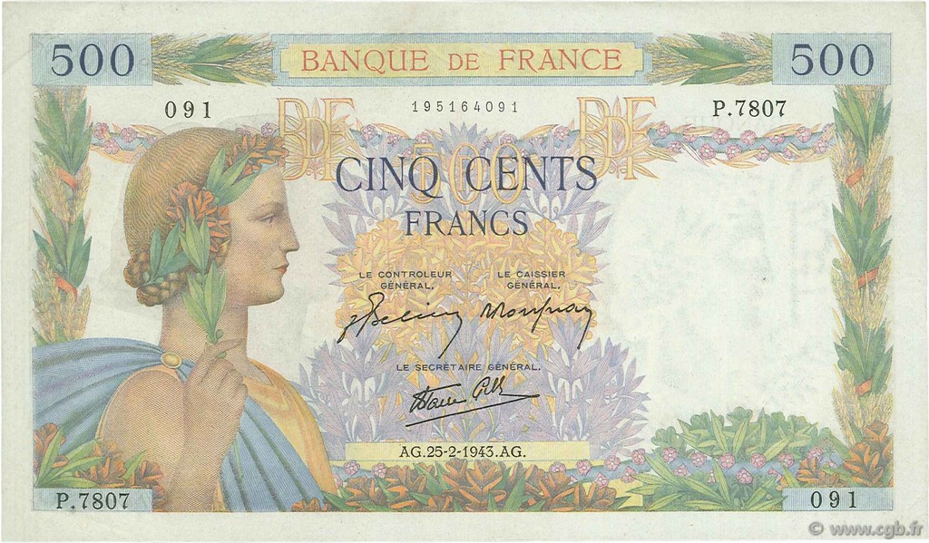 500 Francs LA PAIX FRANKREICH  1943 F.32.45 VZ