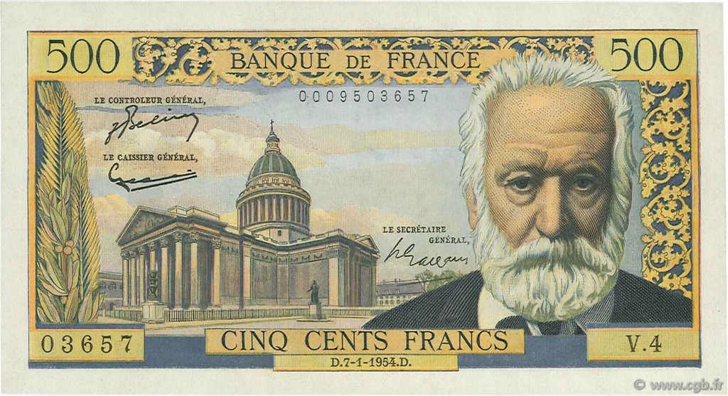 500 Francs VICTOR HUGO FRANCE  1954 F.35.01 UNC-
