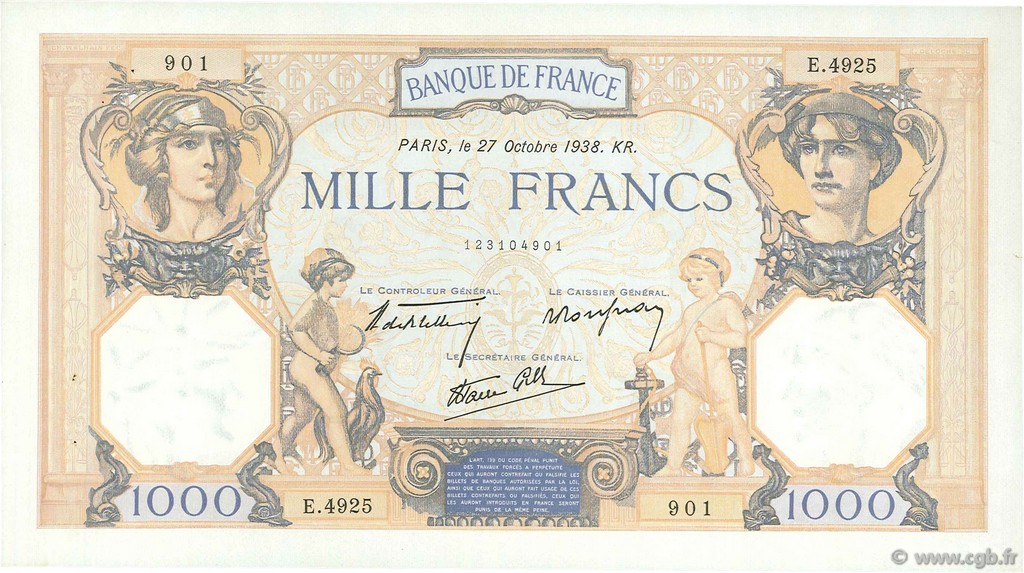 1000 Francs CÉRÈS ET MERCURE type modifié FRANCE  1938 F.38.31 XF+