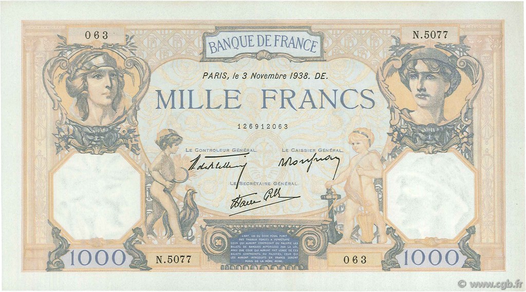 1000 Francs CÉRÈS ET MERCURE type modifié FRANCE  1938 F.38.32 AU-