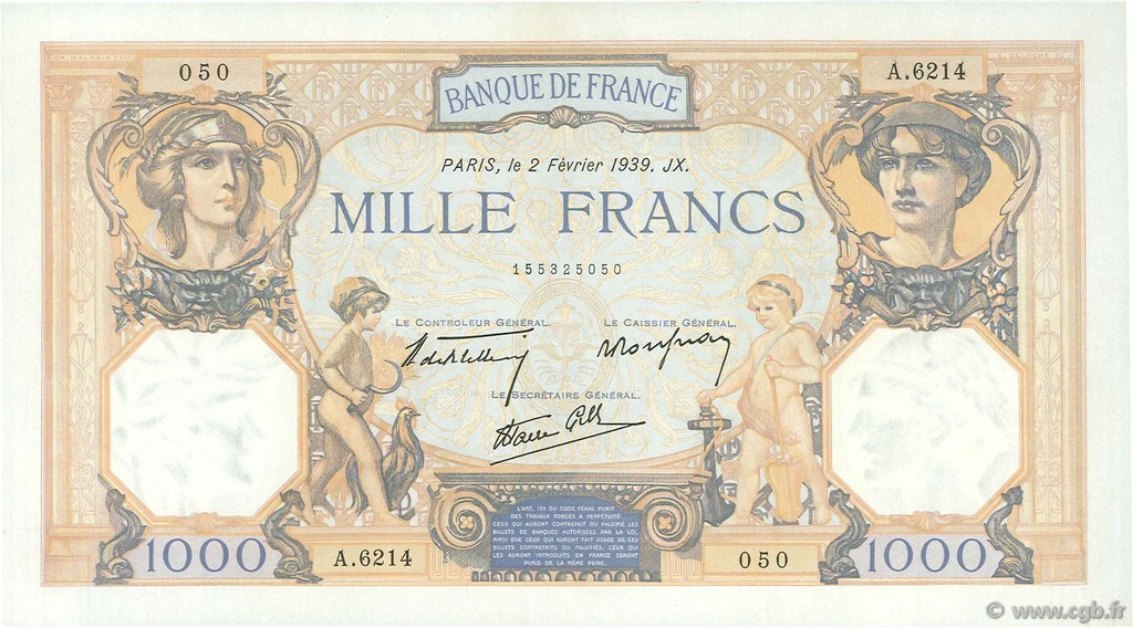 1000 Francs CÉRÈS ET MERCURE type modifié FRANCE  1939 F.38.34 XF+