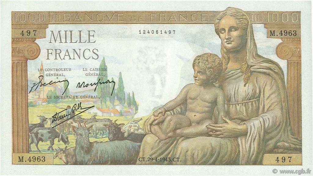 1000 Francs DÉESSE DÉMÉTER FRANKREICH  1943 F.40.22 fST+