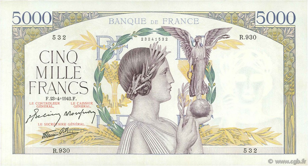 5000 Francs VICTOIRE Impression à plat FRANKREICH  1942 F.46.37 fST