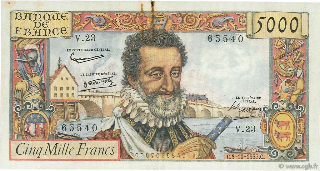 5000 Francs HENRI IV FRANCIA  1957 F.49.03 MBC