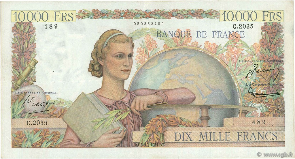 10000 Francs GÉNIE FRANÇAIS FRANCE  1951 F.50.55 VF-