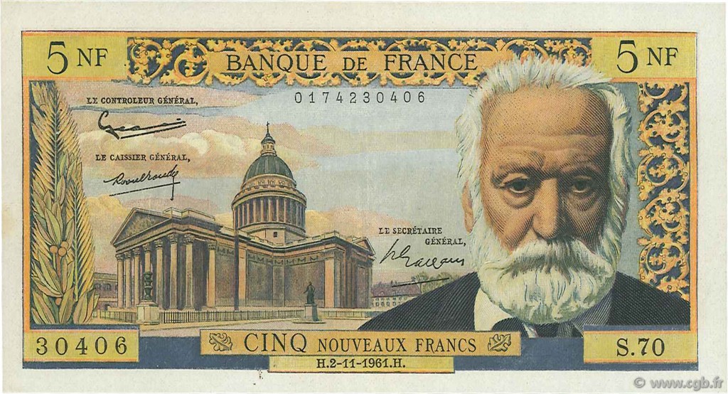 5 Nouveaux Francs VICTOR HUGO FRANCIA  1961 F.56.09 EBC