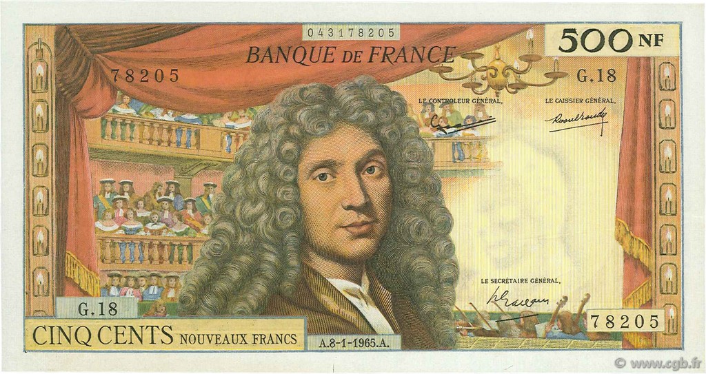 500 Nouveaux Francs MOLIÈRE FRANCE  1965 F.60.08 XF+