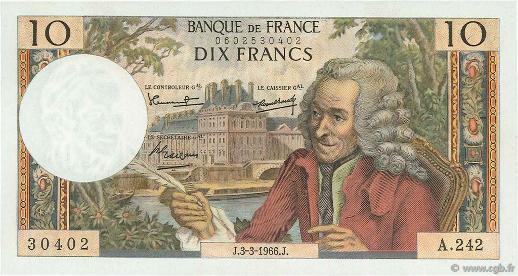 10 Francs VOLTAIRE FRANCE  1966 F.62.21 UNC-