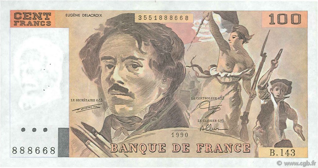 100 Francs DELACROIX imprimé en continu FRANKREICH  1990 F.69bis.01bB fVZ