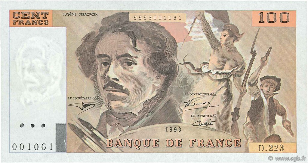 100 Francs DELACROIX  UNIFACE FRANCIA  1995 F.69bisU.07 SPL