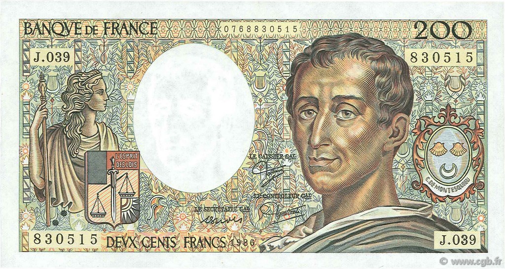 200 Francs MONTESQUIEU FRANCIA  1986 F.70.06 AU+