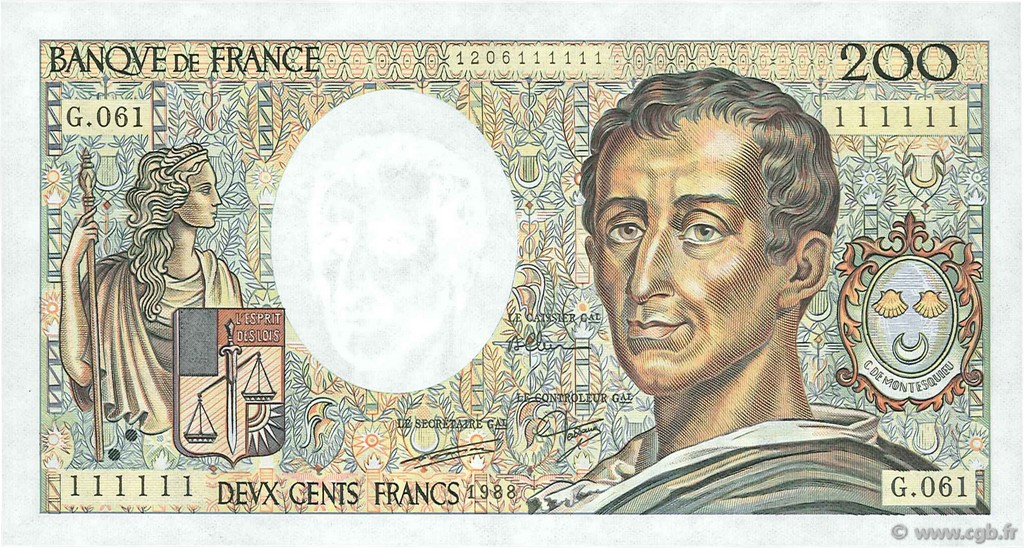 200 Francs MONTESQUIEU FRANCE  1988 F.70.08 XF+
