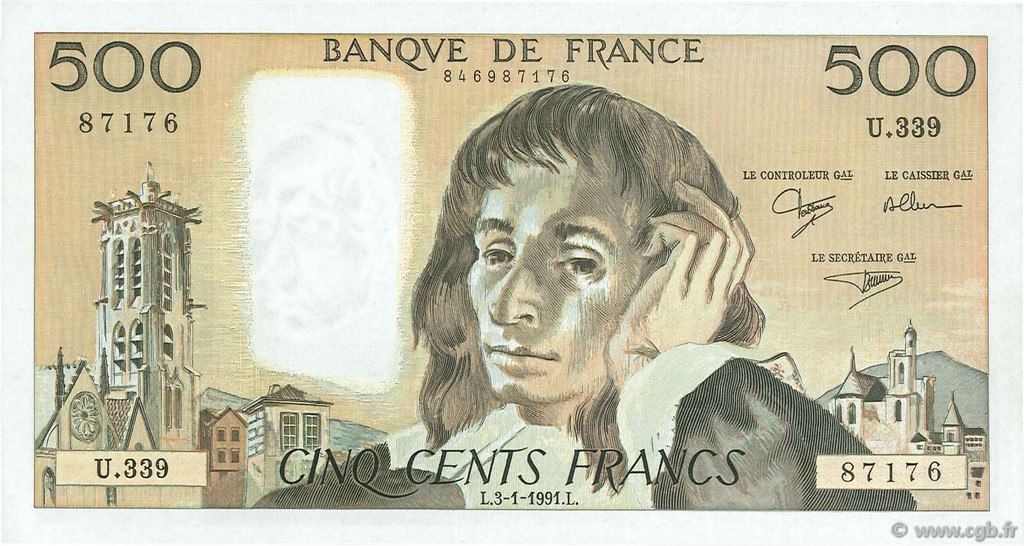 500 Francs PASCAL FRANCE  1991 F.71.46 UNC-